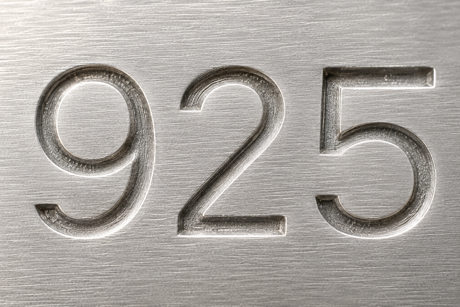 Close-up of a brushed sterling silver surface with a large laser-engraved 925 hallmark indicating .925 sterling silver purity.