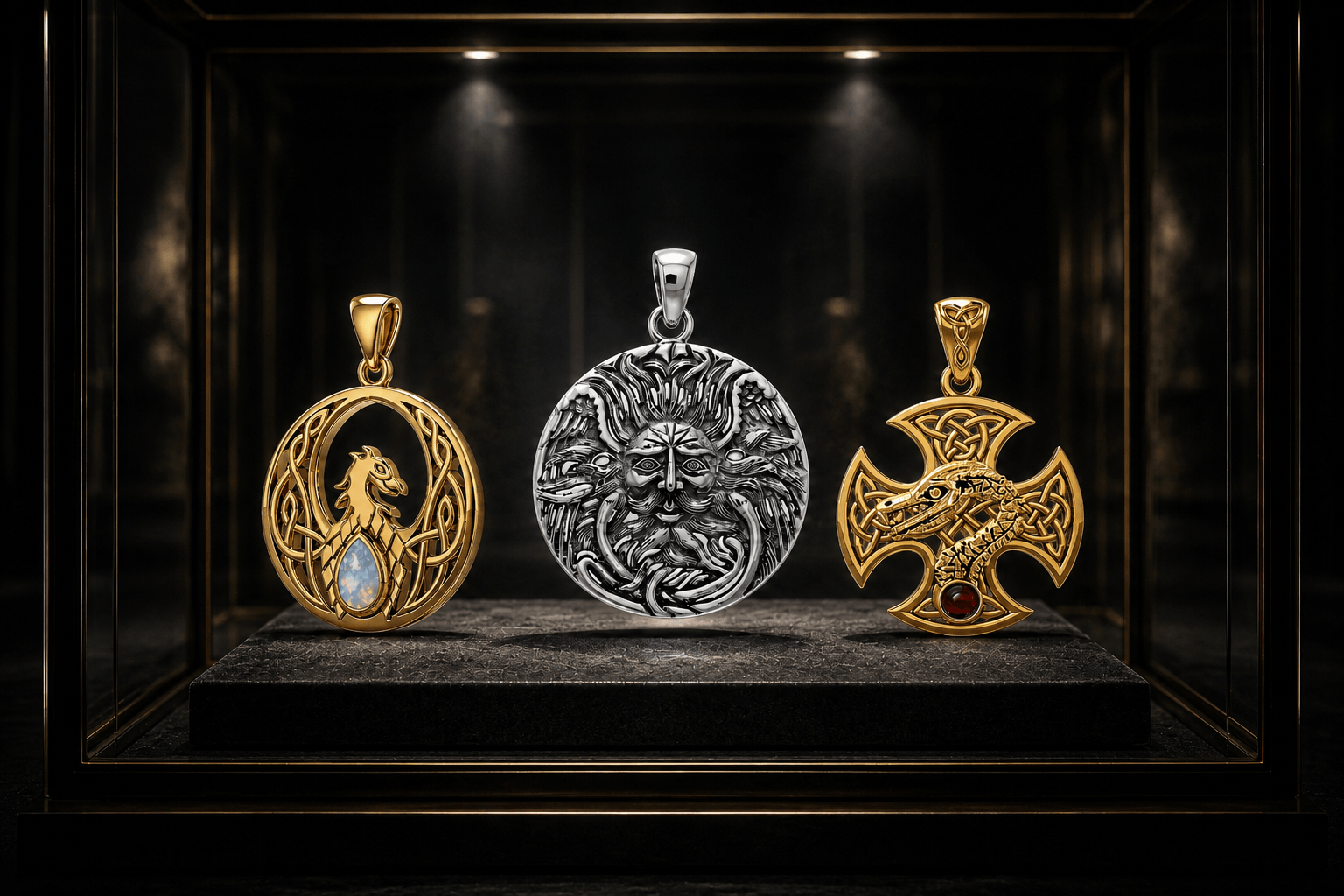 Gold Phoenix with rainbow moonstone, silver Belenus Sun God, and gold Dragon Serpent Celtic Cross talisman pendants displayed in a dark glass showcase.