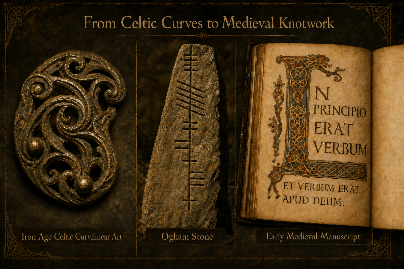 Iron Age Celtic curvilinear art, an Ogham stone spelling Avadore, and an early medieval illuminated manuscript with Latin Gospel text.
