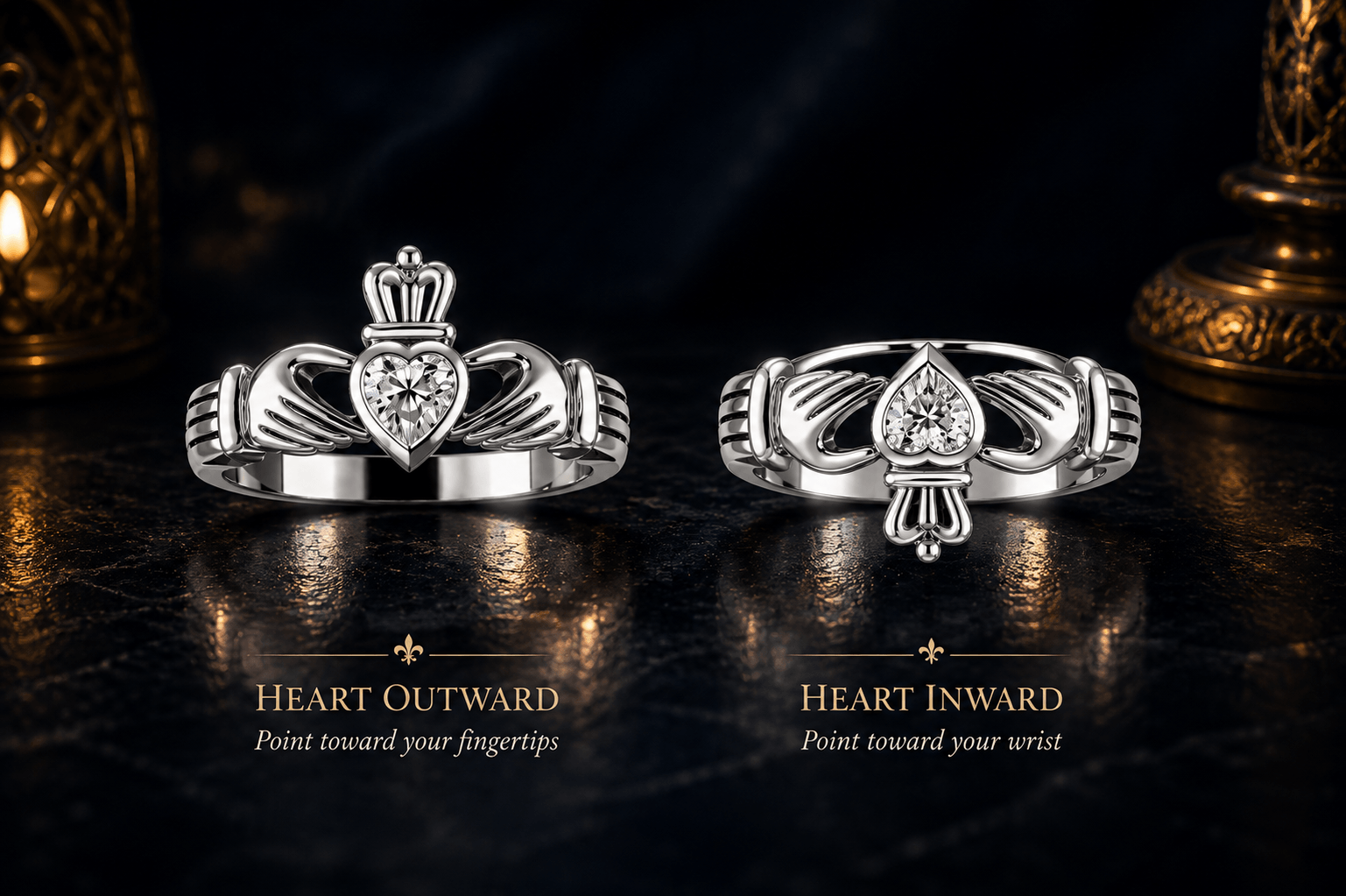 Claddagh ring shown with the heart facing inward and outward to illustrate traditional wearing positions.