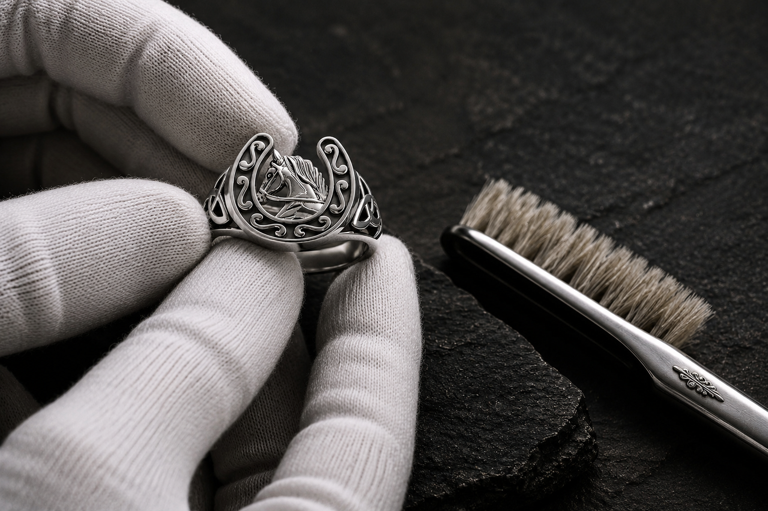 White cotton-gloved hands carefully examining a sterling silver horseshoe ring beside a soft horsehair jewelry brush on a dark slate surface.