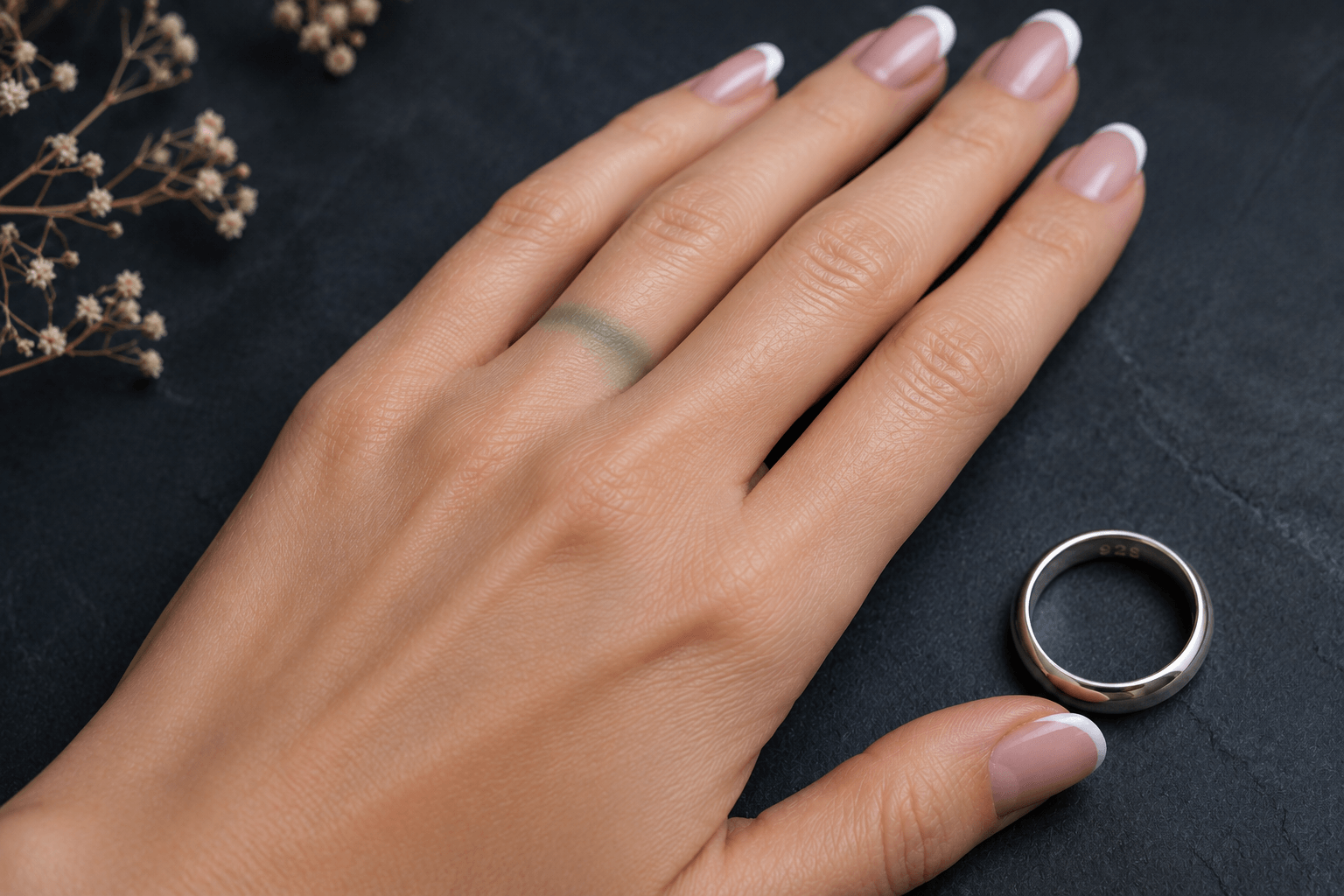 Woman’s hand with French-tip nails showing a green mark on the ring finger beside a sterling silver band
