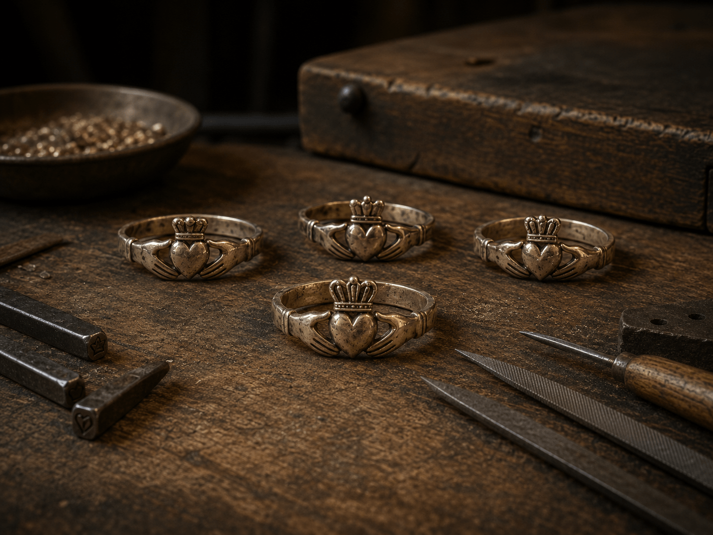 Historically inspired early Claddagh rings on an antique jeweler’s workbench, representing the Richard Joyce and Thomas Meade origin story.