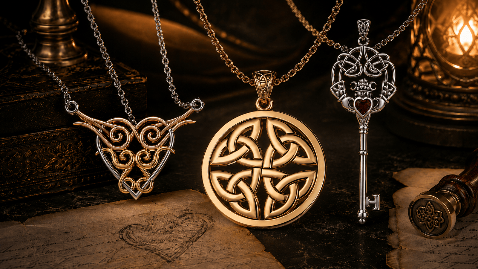 Heart, Celtic knot, and key pendants arranged together to represent love, connection, trust, and symbolism in jewelry.