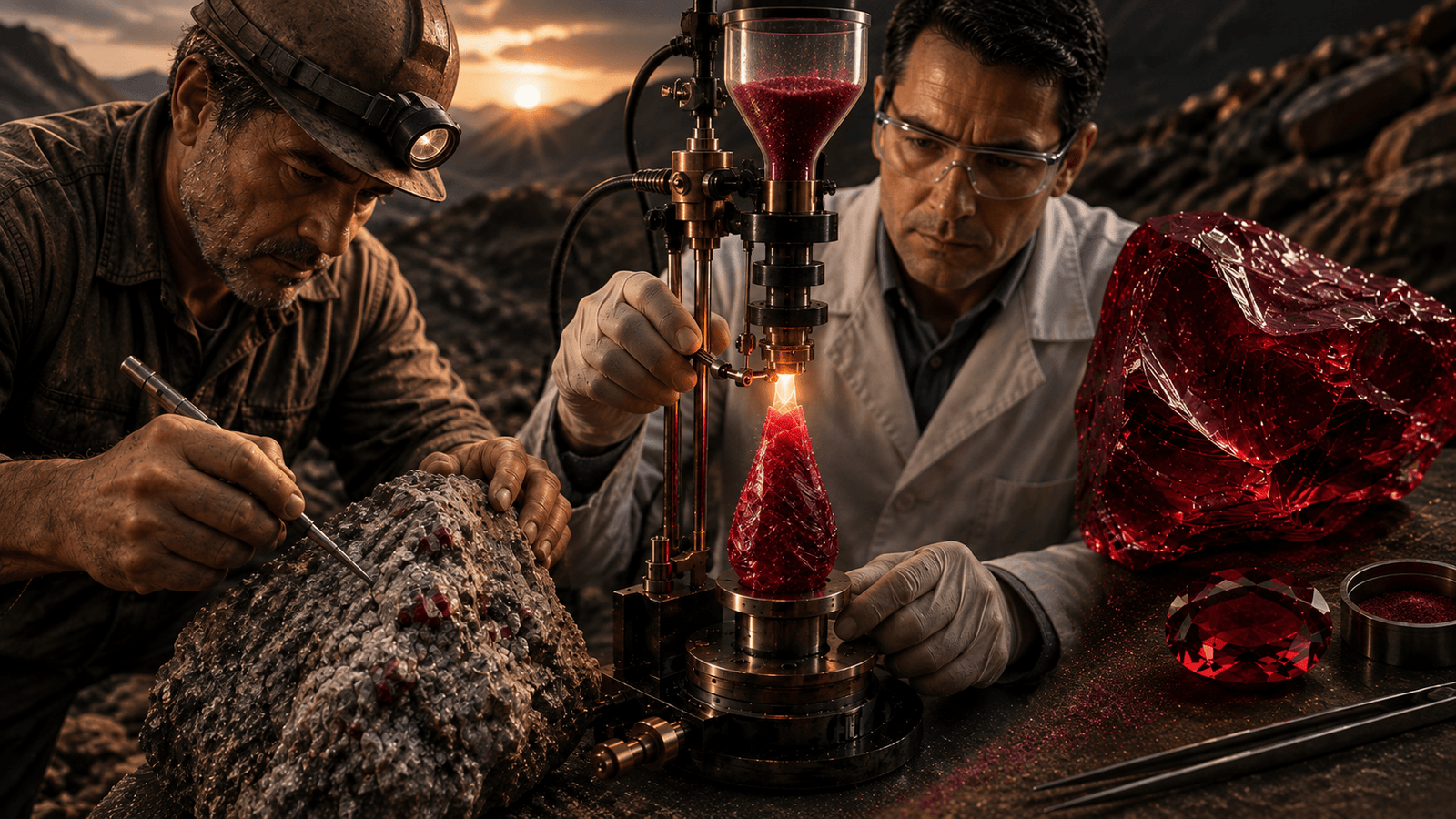 Miner uncovering natural rubies beside a lab-created ruby boule and a red glass ruby simulant.