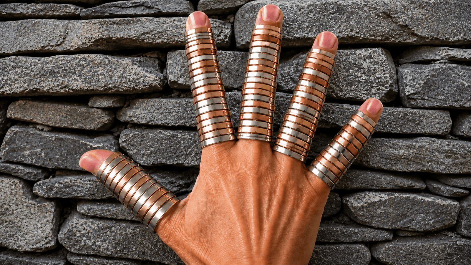 Hand covered in stacked sterling silver, white gold, yellow gold, and rose gold rings in front of a dry-stone wall.