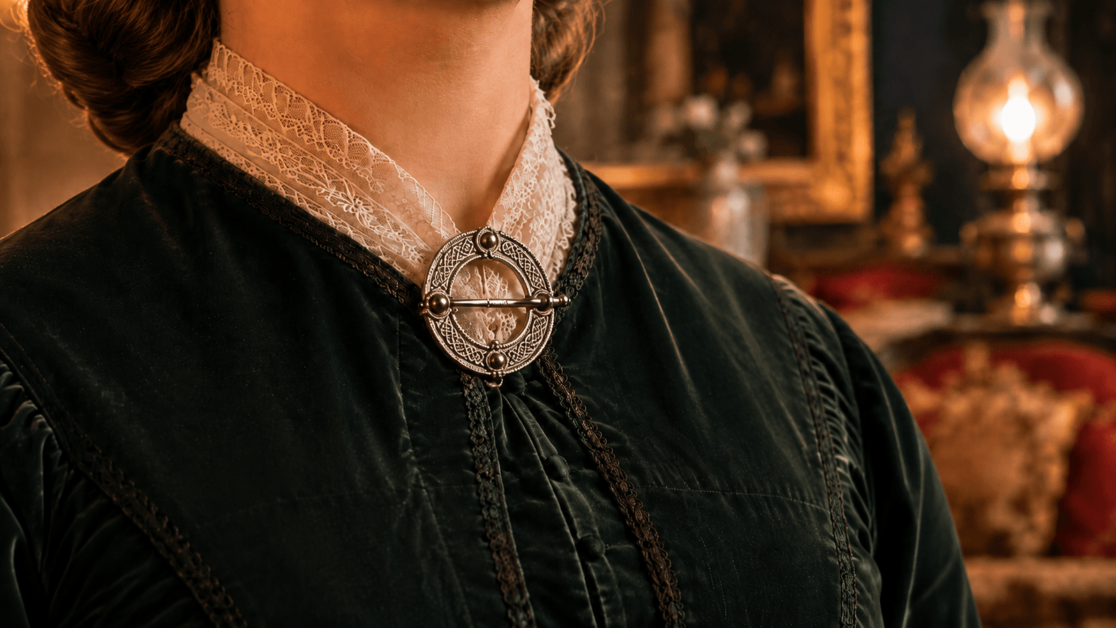 1850s Victorian woman wearing an ornate Celtic Revival brooch on a dark green velvet dress