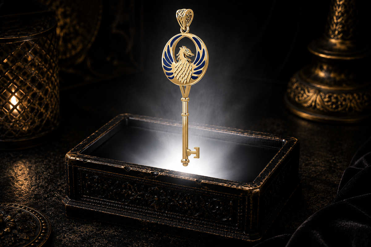 14K solid gold Phoenix Key pendant with brilliant created Paua shell flames and an intricate Celtic knotwork bail floating above an antique carved black jewelry box, illuminated by a radiant white beam of light with soft mist, warm candlelight, and a luxurious dark cinematic atmosphere.