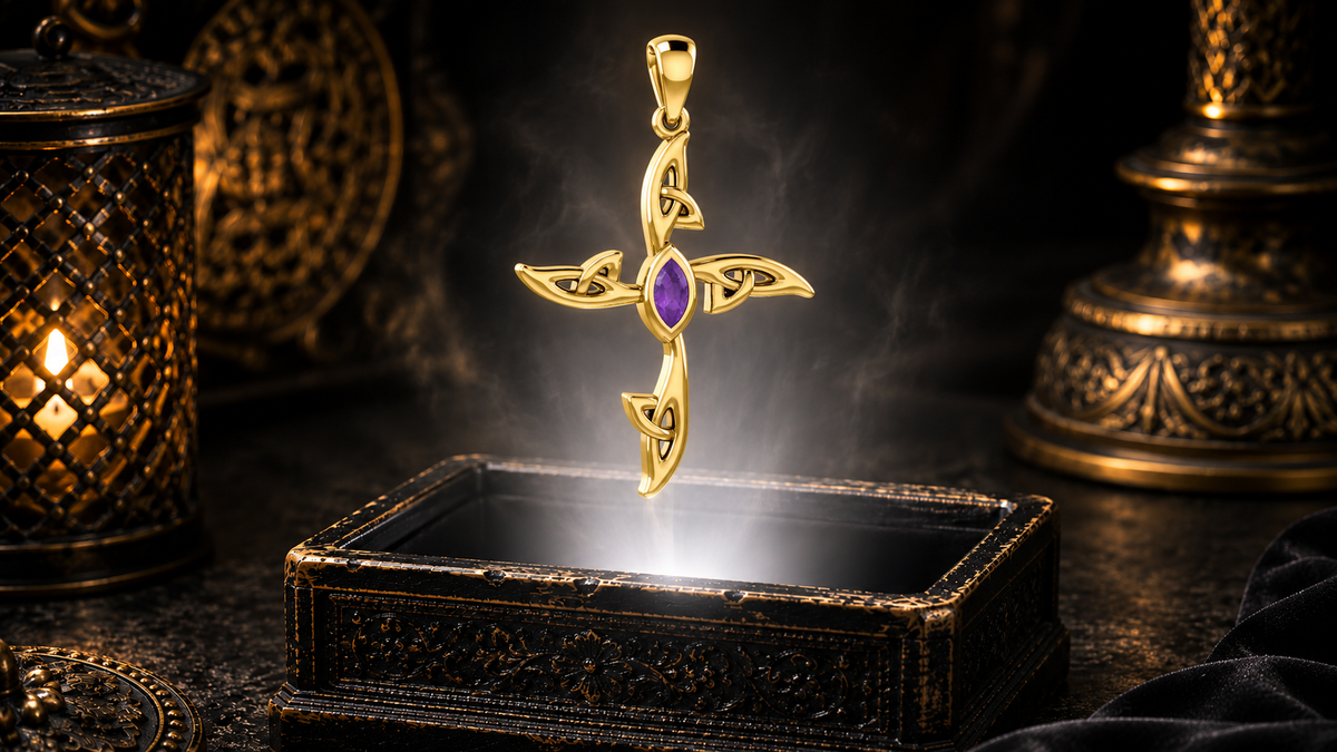 Solid 14K gold contemporary Celtic cross pendant with an amethyst gemstone floating above an ornate jewelry box in a refined dark luxury setting with warm candlelight, cinematic lighting, and a mystical atmosphere.