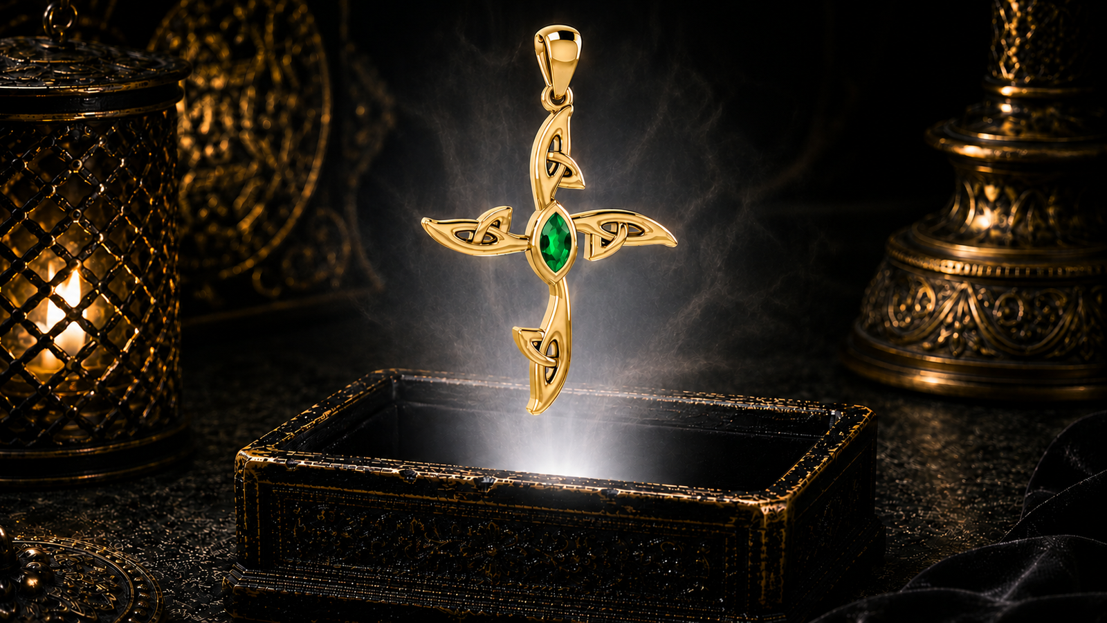 Solid 14K gold contemporary Celtic cross pendant with a garnet gemstone floating above an ornate jewelry box in a refined dark luxury setting with warm candlelight, cinematic lighting, and a mystical atmosphere.