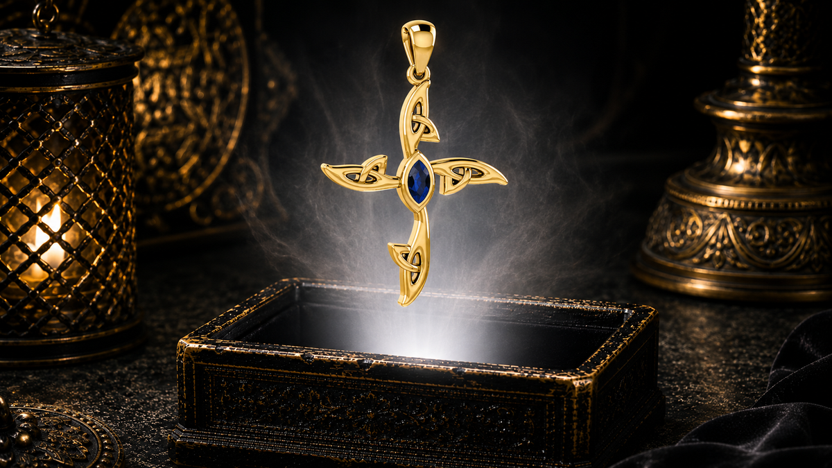 Solid 14K gold contemporary Celtic cross pendant with a sapphire gemstone floating above an ornate jewelry box in a refined dark luxury setting with warm candlelight, cinematic lighting, and a mystical atmosphere.