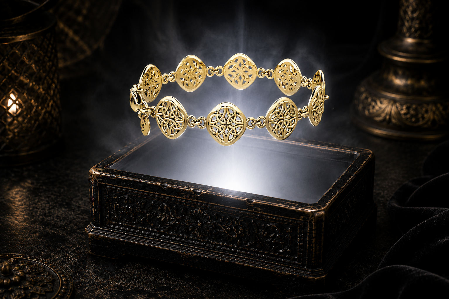 14K solid gold Celtic knot bracelet suspended above a carved antique jewelry chest surrounded by luminous mist and elegant cinematic lighting.