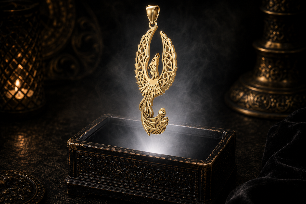 14K solid gold Celtic phoenix pendant with intricate Celtic knotwork wings floating above an antique carved black jewelry box illuminated by a pure white beam of light, surrounded by soft mist, warm candlelight, velvet fabric, and a dark cinematic luxury setting.