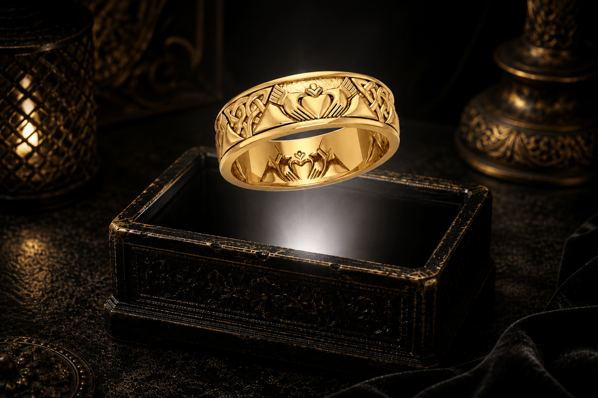14K gold Claddagh Celtic knot ring featuring traditional Irish heart, hands, and crown symbolism, photographed above an illuminated antique jewelry box in a luxury dark setting - Angled view
