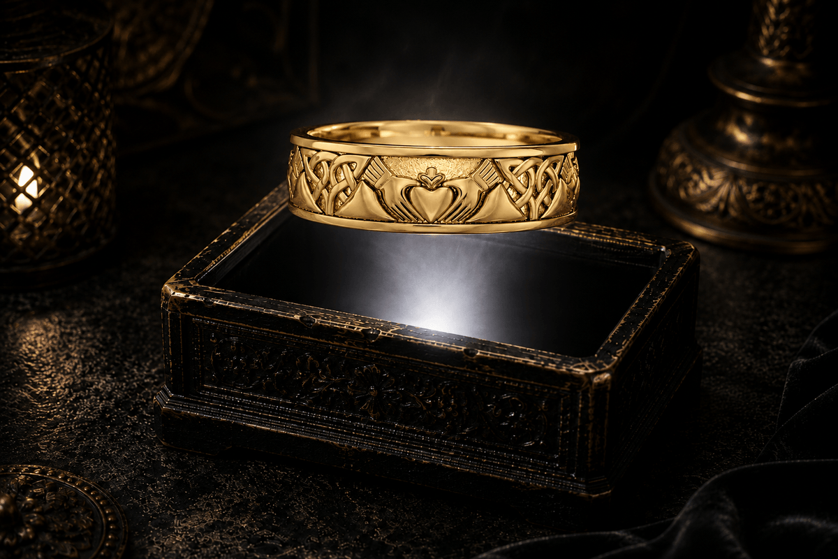 14K gold Claddagh Celtic knot ring with intricate Celtic knotwork, suspended above an illuminated antique jewelry box in an elegant luxury scene - Front view 