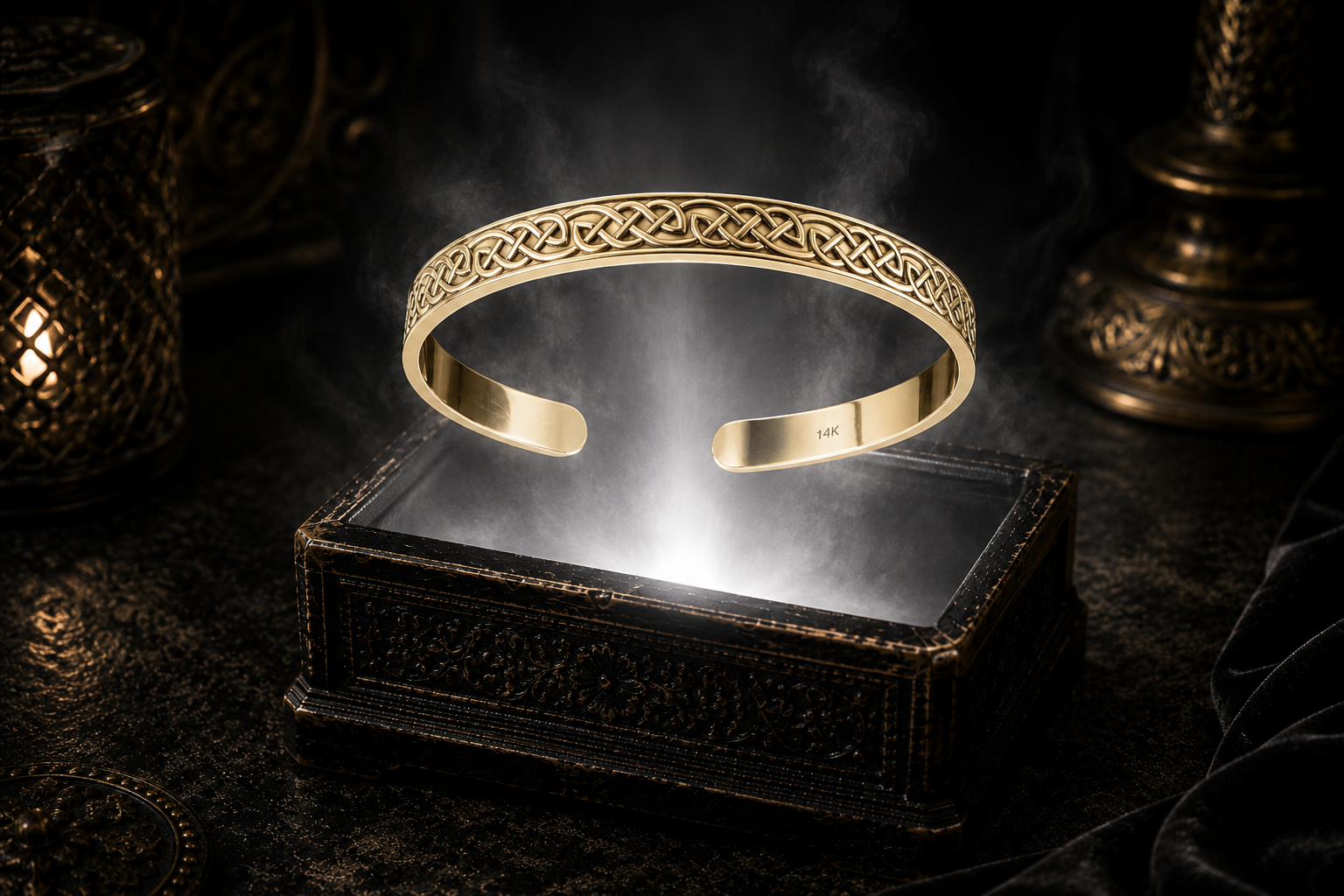 14K solid gold Celtic knot cuff bracelet floating above an ornate jewelry box illuminated by a soft white glow with warm candlelight accents in a dark luxury Celtic-inspired setting.