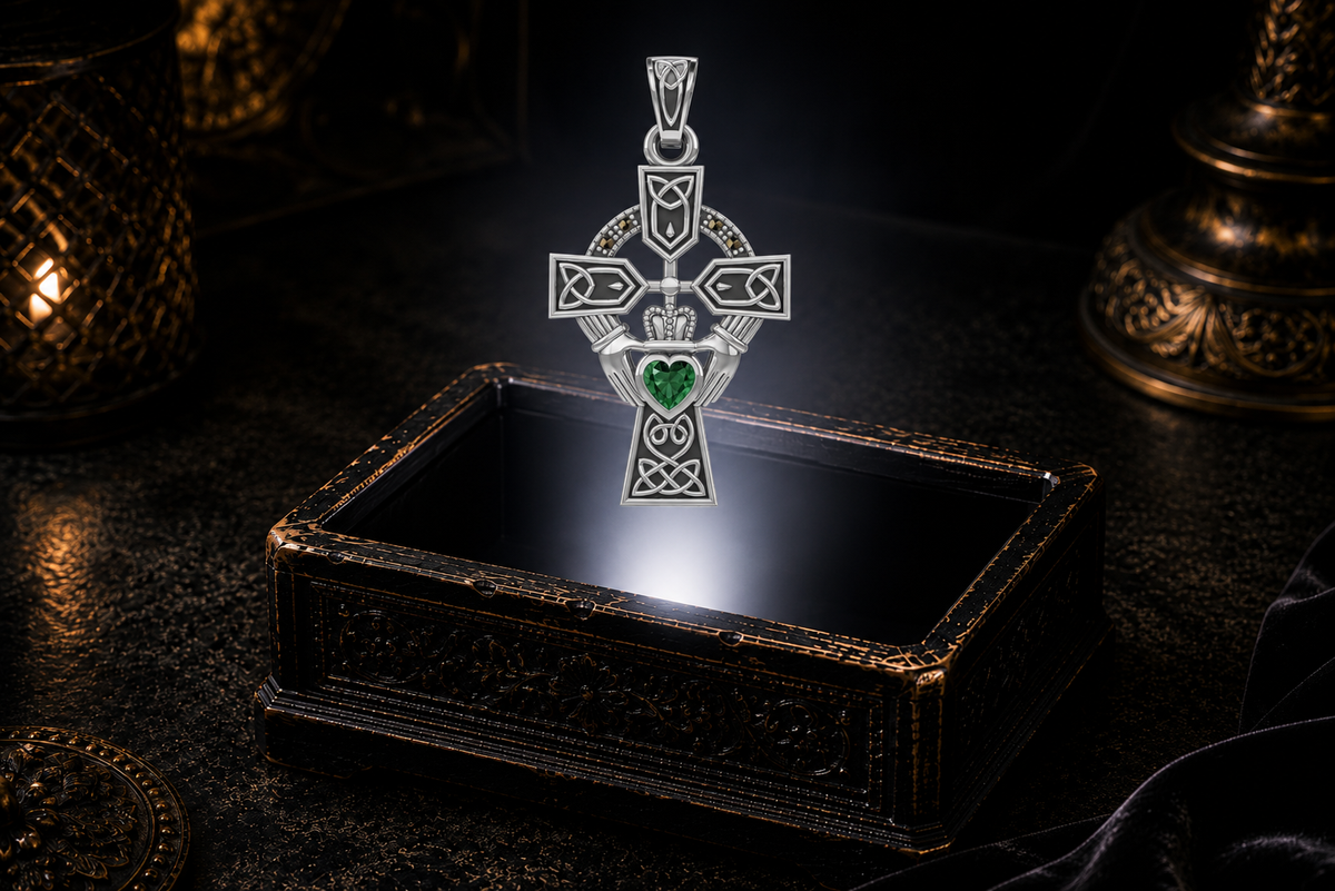 14k-white-gold-celtic-cross-claddagh-emerald-glass-marcasite