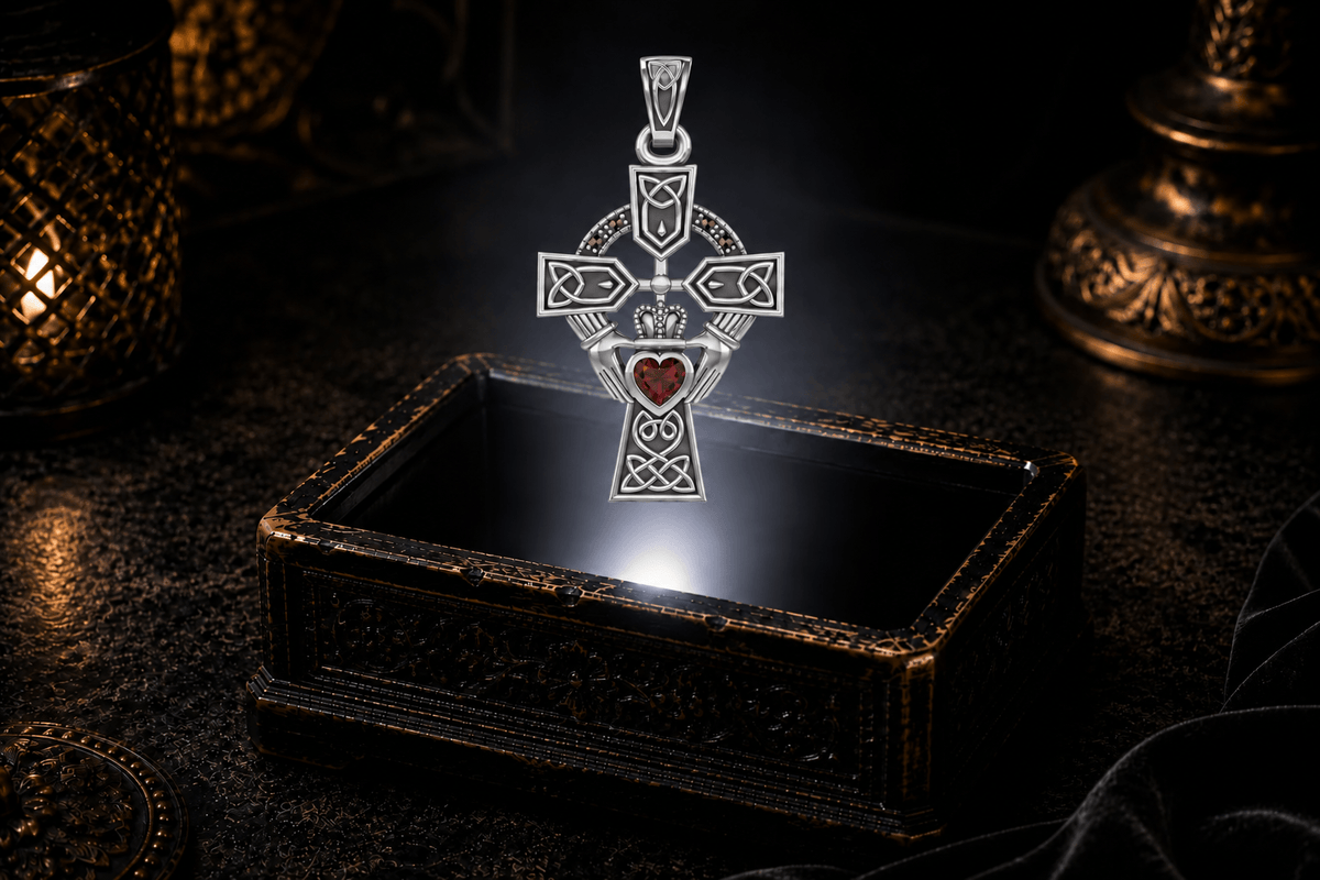 Garnet heart Celtic Claddagh Cross pendant in 14K white gold with marcasite details, suspended within a soft beam of light.