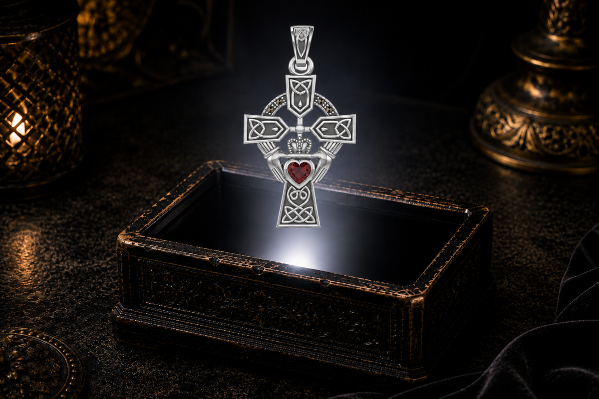 Garnet heart Celtic Claddagh Cross pendant in 14K white gold with marcasite details, suspended within a soft beam of light.