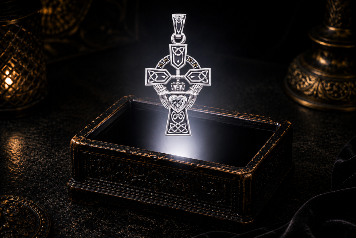 14K white gold Celtic Cross pendant with a white CZ Claddagh heart and marcasite accents, displayed above a glowing antique jewelry chest.