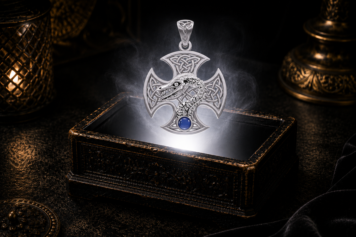 Handcrafted 14K White Gold Celtic Dragon Cross pendant featuring a created sapphire gemstone displayed above an antique jewelry box with luminous white light, atmospheric mist, and a luxurious cinematic backdrop.