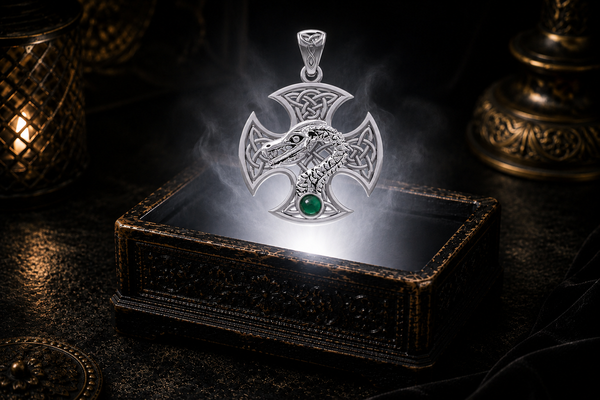 Celtic Dragon Cross pendant in 14K White Gold with emerald green glass gemstone hovering above an antique jewelry coffer illuminated by a radiant white beam and cinematic candlelight.