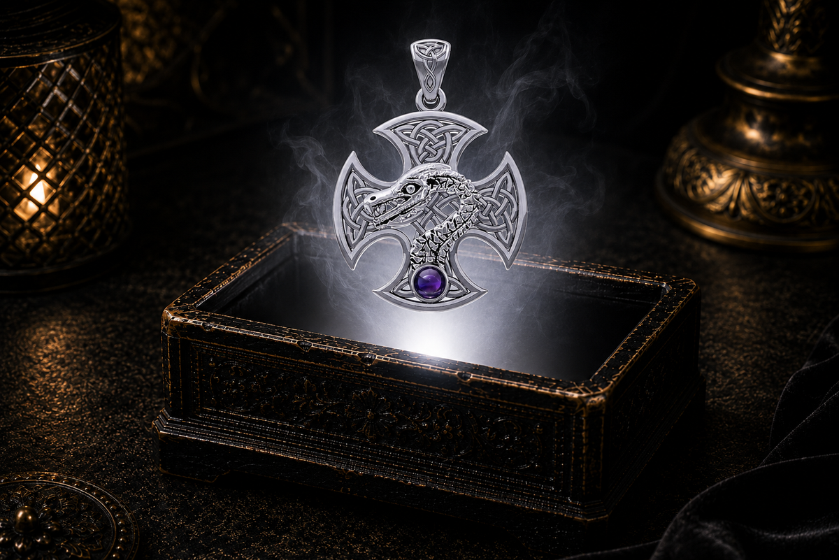 Handcrafted 14K White Gold Celtic Dragon Cross pendant with genuine amethyst floating above an antique black jewelry box, surrounded by swirling mist, a brilliant white light beam, and warm candlelit ambiance.