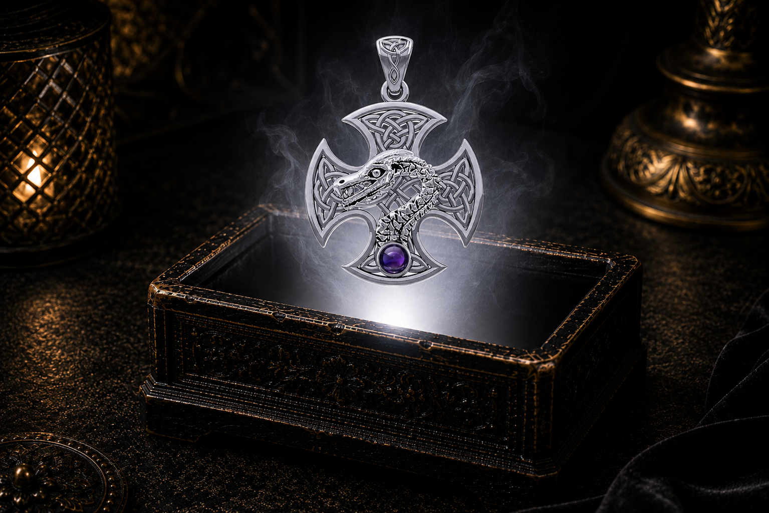 Handcrafted Celtic Dragon Cross pendant crafted in 14K White Gold with a genuine garnet gemstone floating above an antique treasure box surrounded by mist and warm golden candlelight.