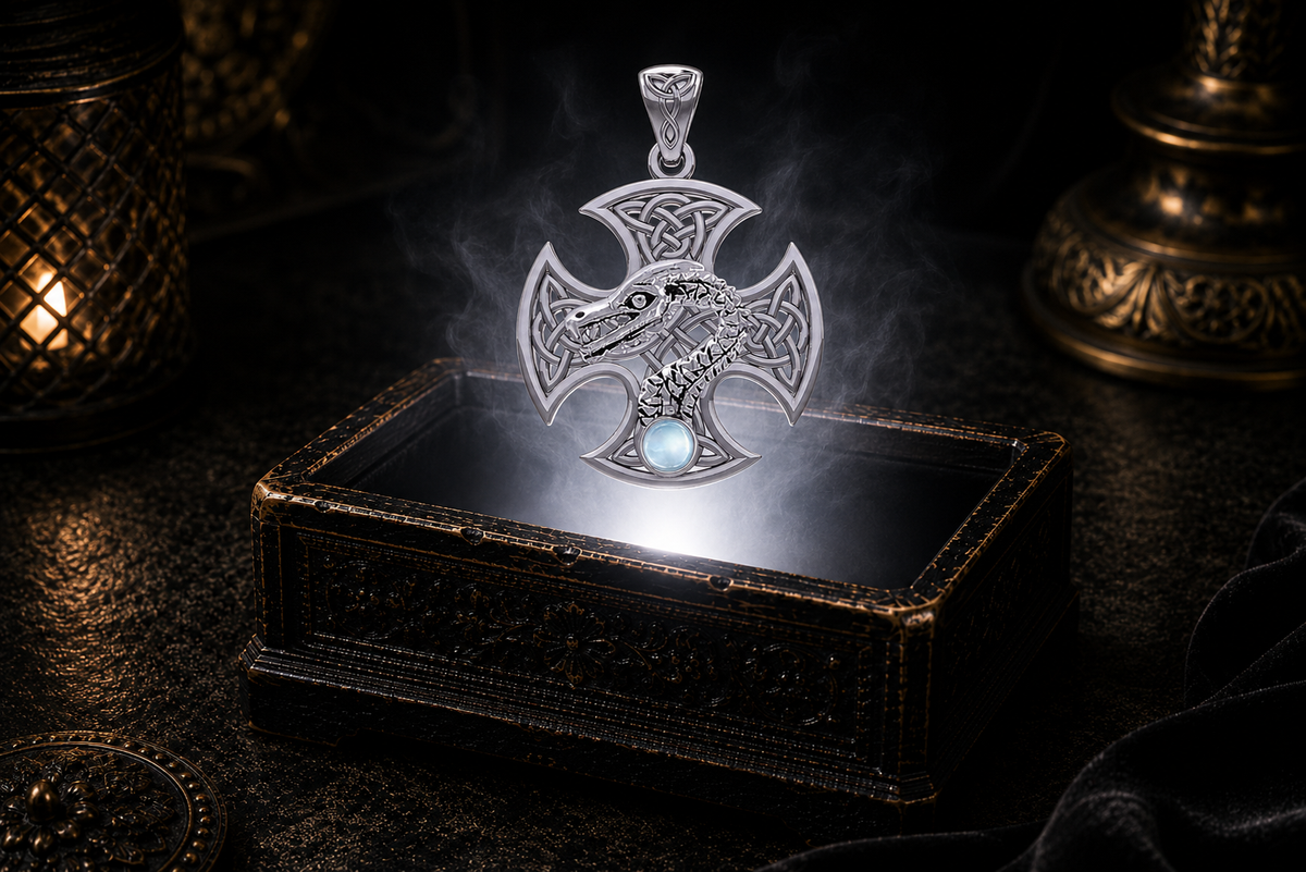 14K White Gold Celtic Dragon Cross pendant featuring a genuine blue topaz gemstone suspended above an ornate jewelry box with glowing white light, drifting fog, and a luxurious candlelit setting.