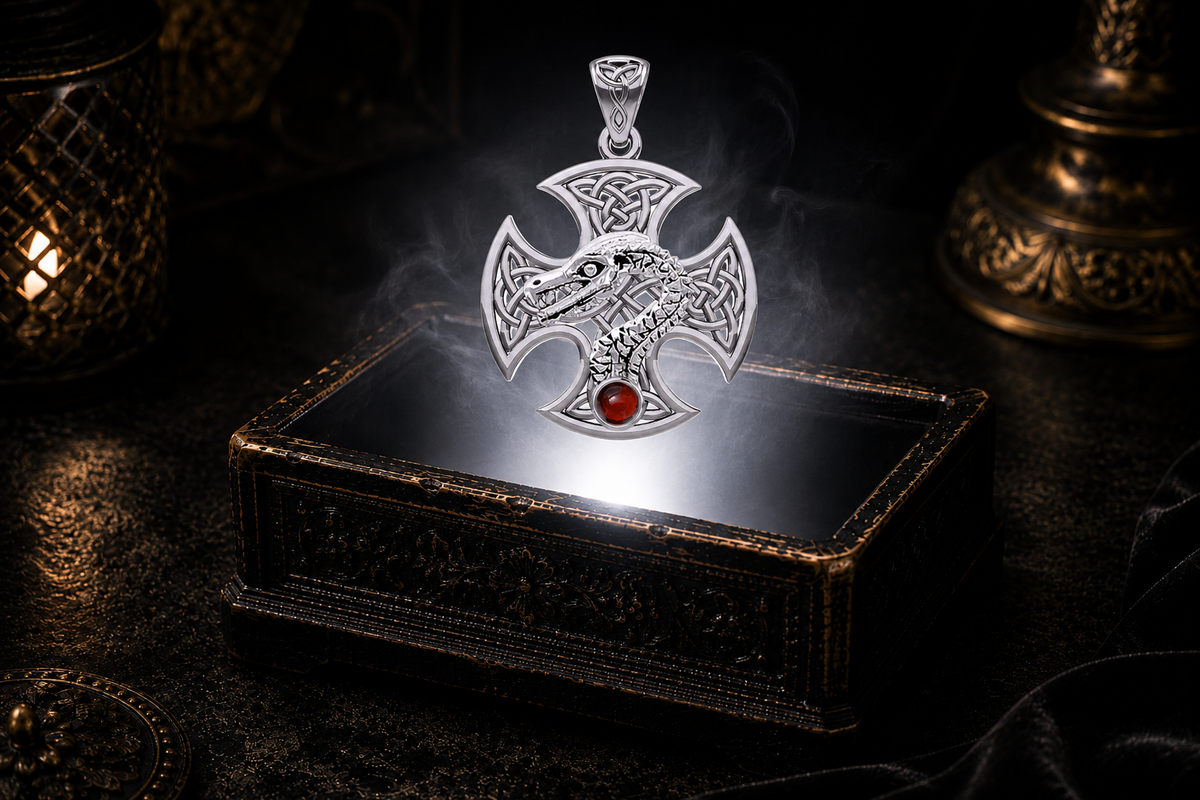 Handcrafted Celtic Dragon Cross pendant crafted in 14K White Gold with a genuine garnet gemstone floating above an antique treasure box surrounded by mist and warm golden candlelight.