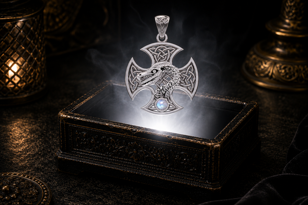 14K White Gold Celtic Dragon Cross pendant with genuine rainbow moonstone suspended above an ornate black jewelry box, glowing with a brilliant white beam amid swirling fog and dramatic lighting.