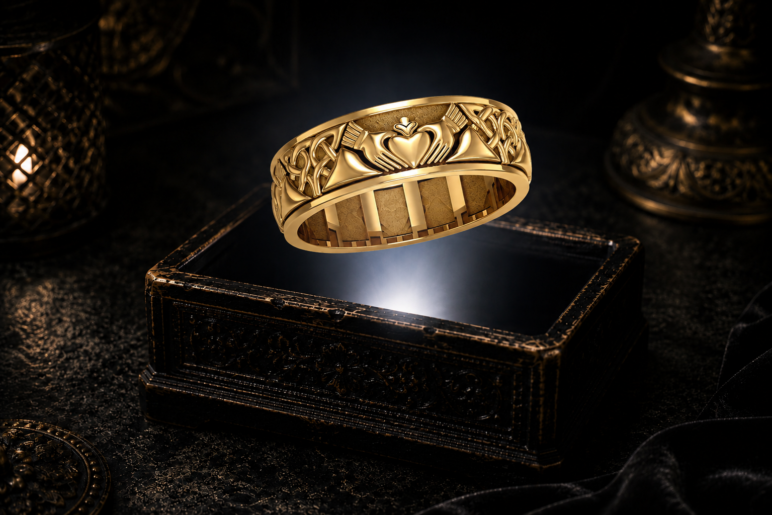 14K yellow gold Celtic Claddagh spinner ring with intricate knotwork displayed above an ornate dark jewelry box in a mystical gothic setting.