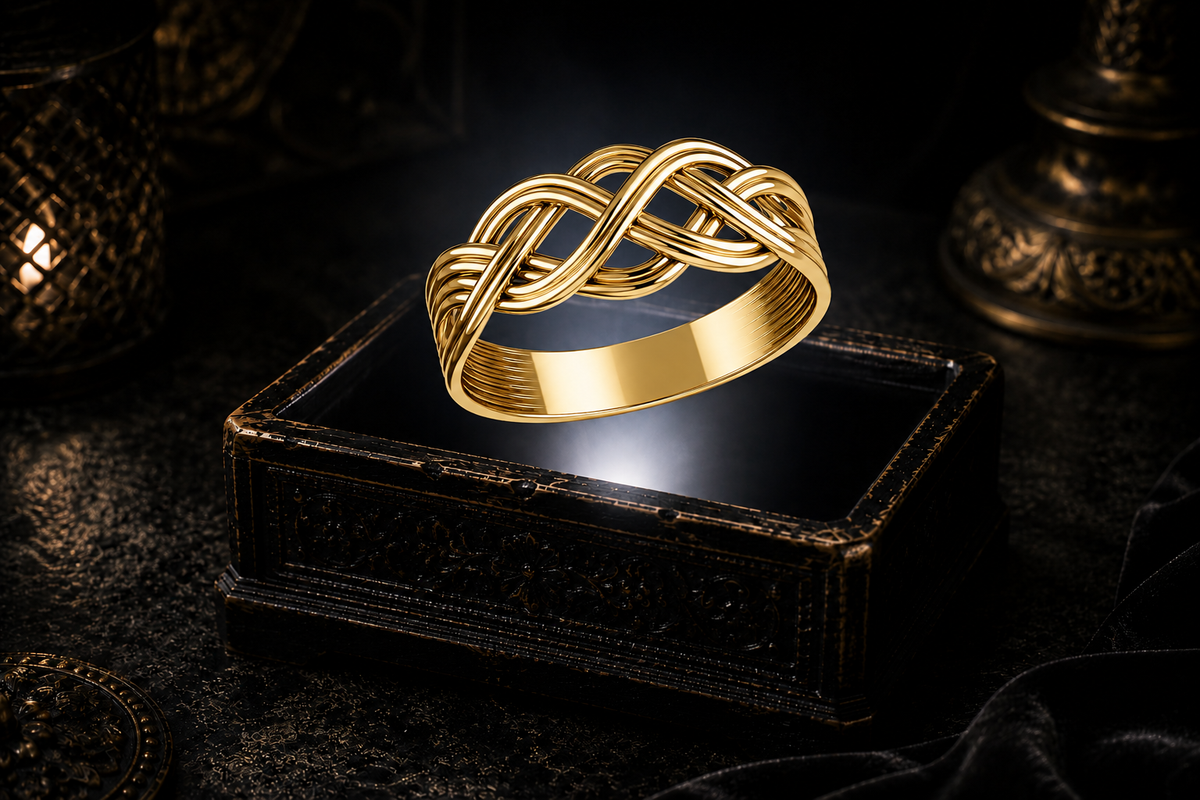 18K solid gold Celtic knot ring with intricate endless knotwork displayed above an ornate dark jewelry box in a mystical gothic setting.