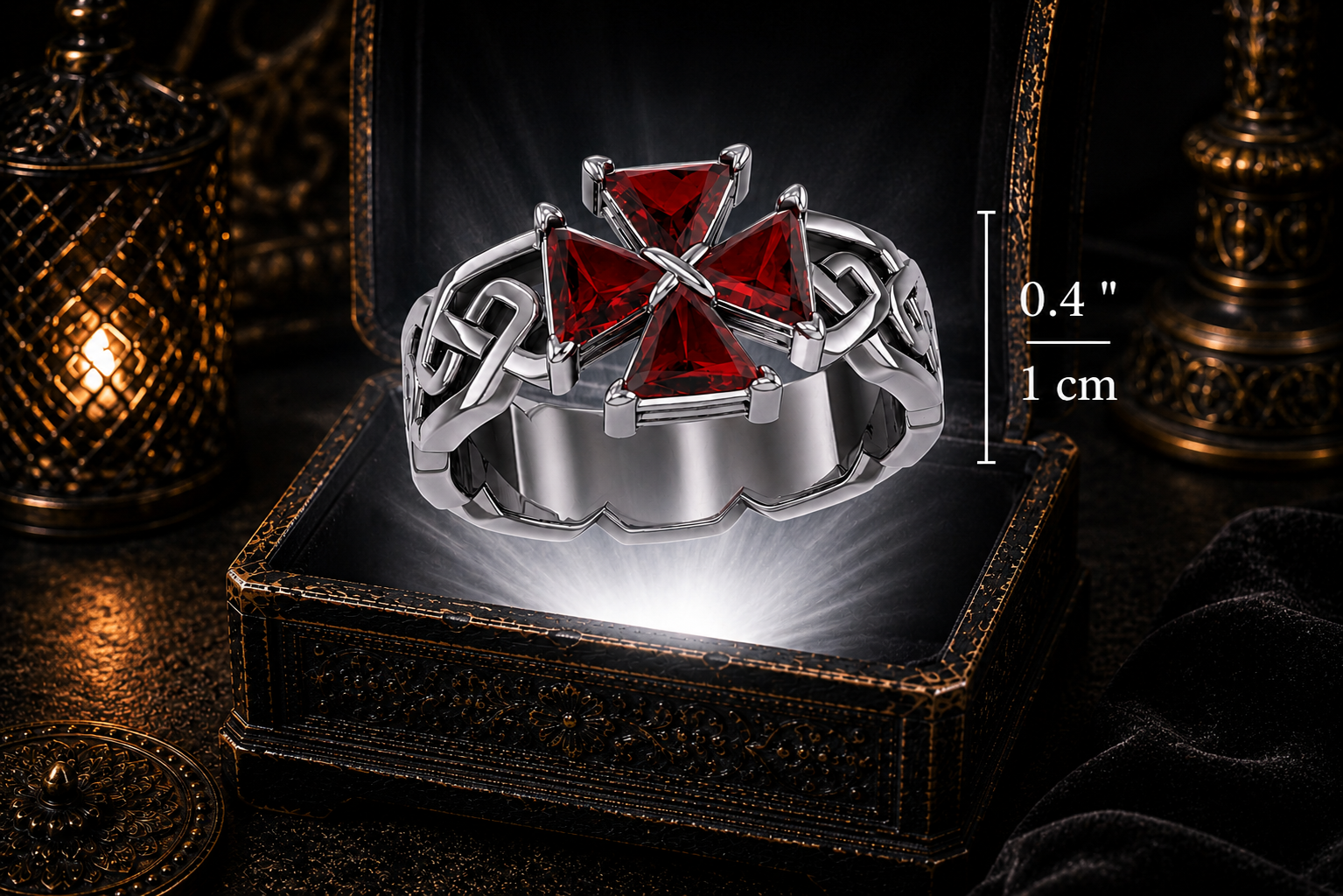 Maltese cross garnet sterling silver ring hovering above antique gothic jewelry box with cinematic luxury lighting