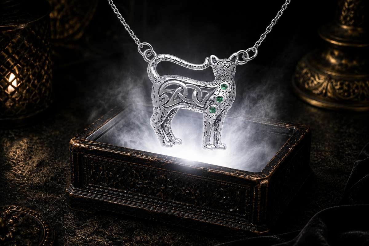 Sterling silver Celtic cat necklace with emerald glass gemstone accents floating above a glowing ornate jewelry box in a dark cinematic setting