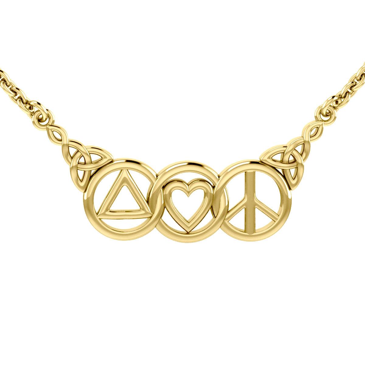 14K Solid Gold Love, Peace and Recovery Symbols Necklace
