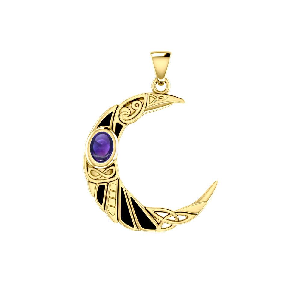 Celestial Celtic Crescent 14K Gold Pendant with Amethyst, Garnet, or Moonstone