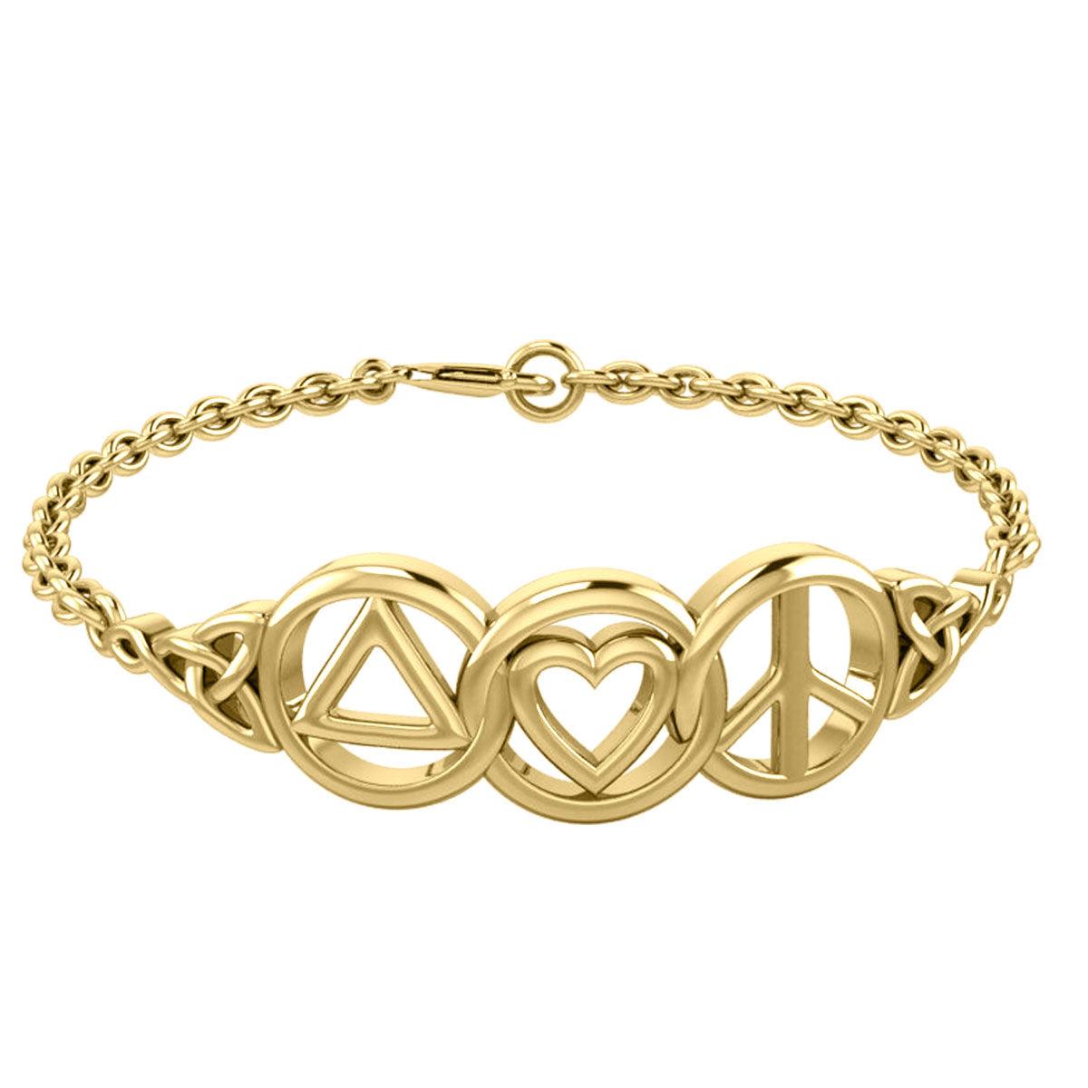 Love, Peace, and Recovery 14K Solid Gold Bracelet