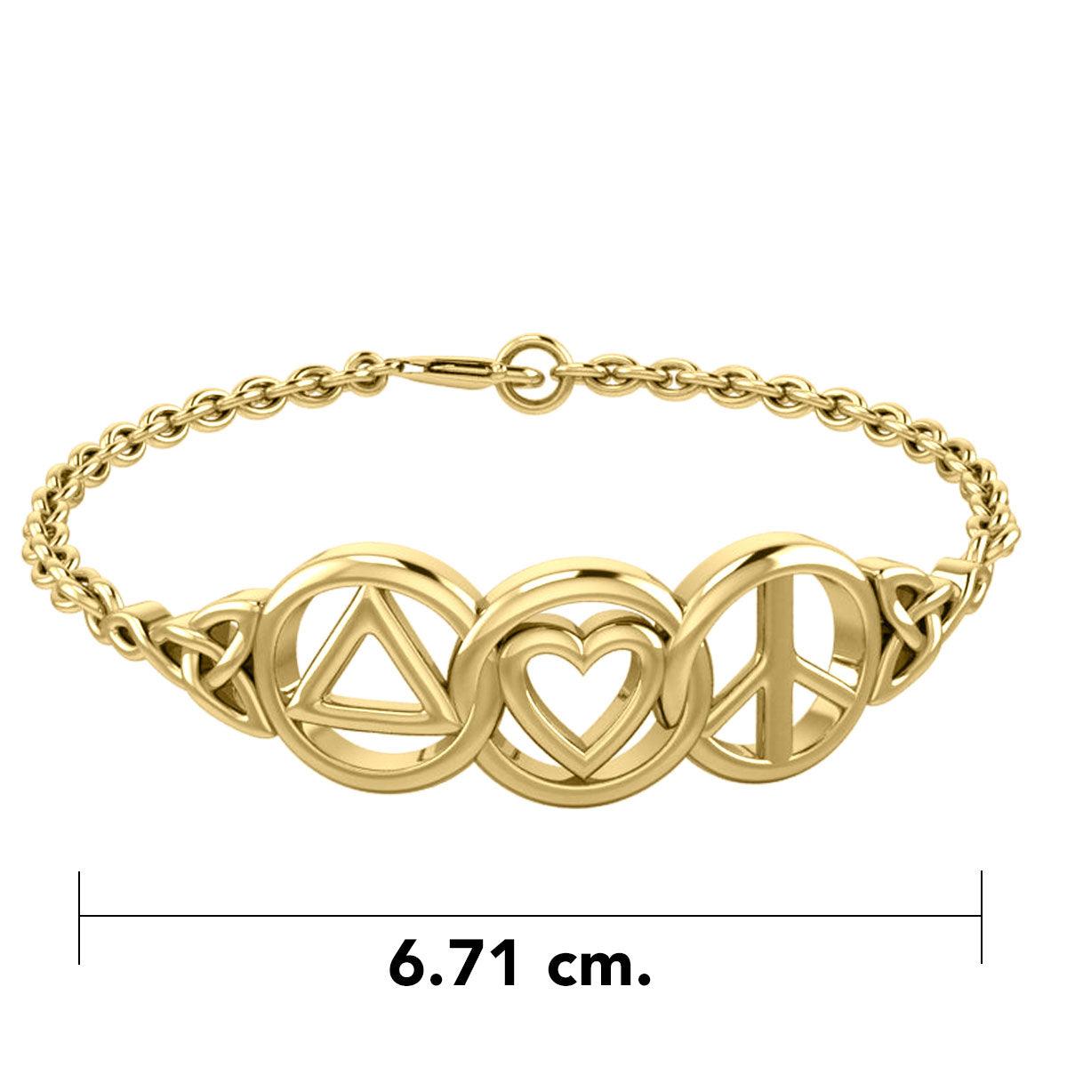 Love, Peace, and Recovery 14K Solid Gold Bracelet