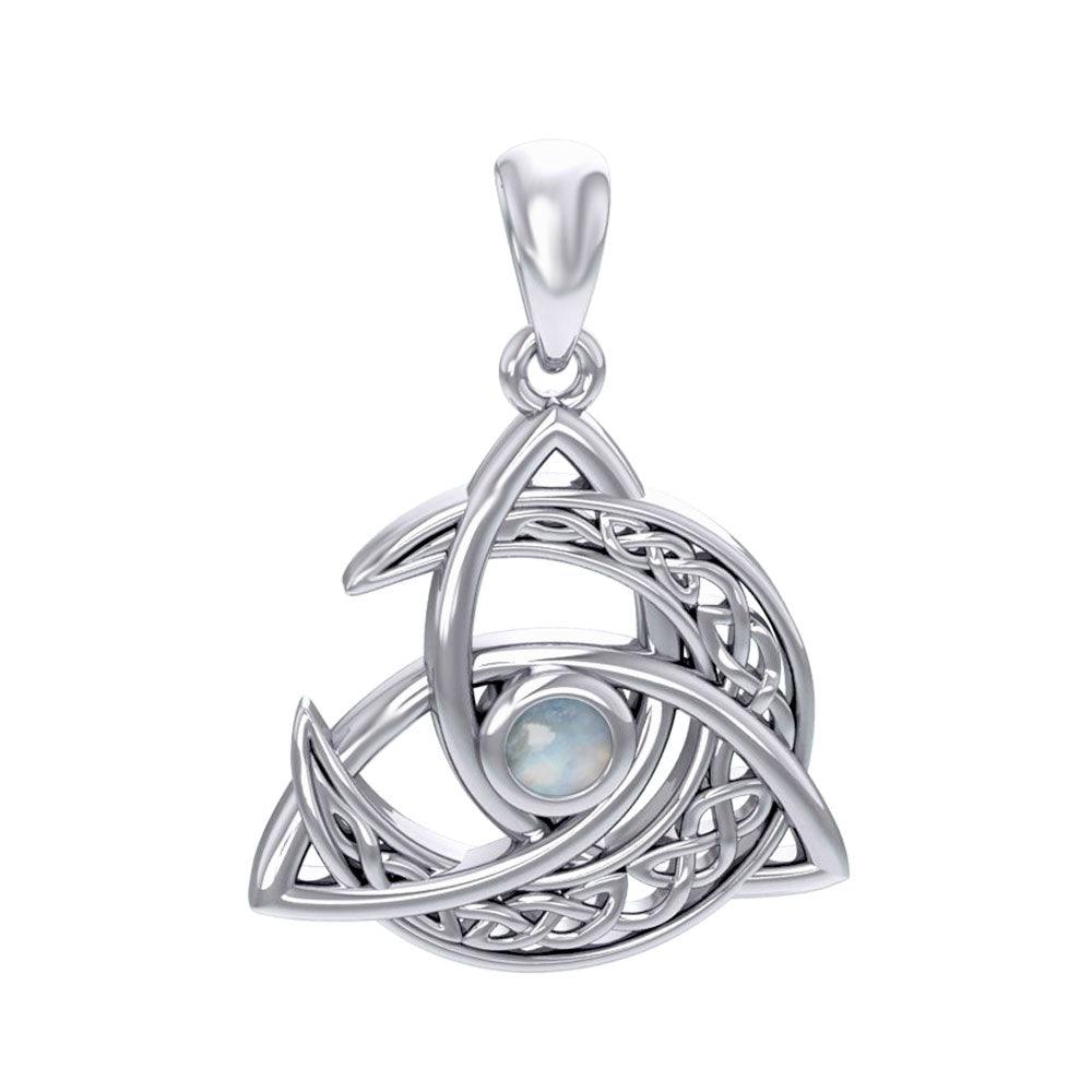 White Gold Crescent Moon Trinity Knot - Triskele Filigree Cabachon Pendant