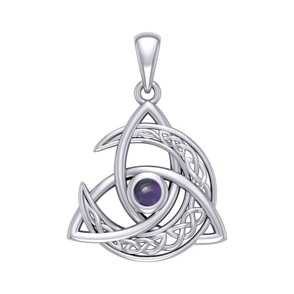 White Gold Crescent Moon Trinity Knot - Triskele Filigree Cabachon Pendant