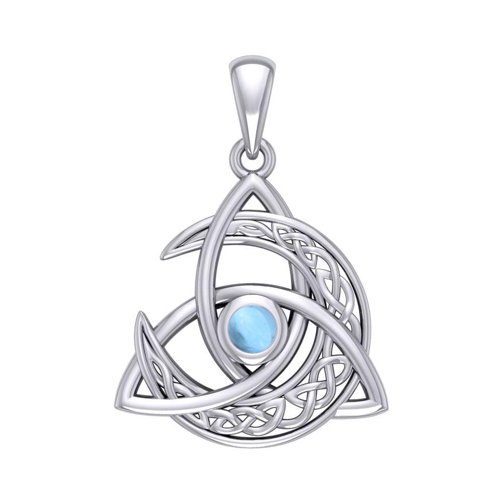 White Gold Crescent Moon Trinity Knot - Triskele Filigree Cabachon Pendant