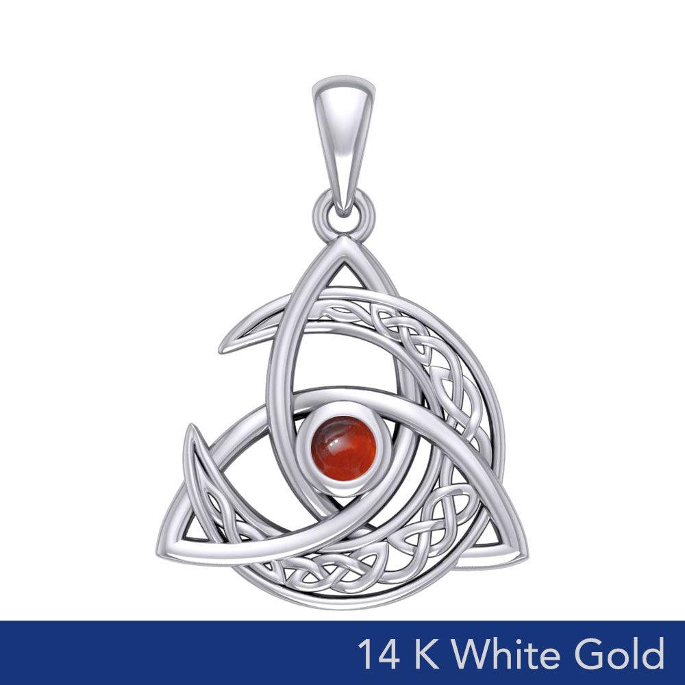 White Gold Crescent Moon Trinity Knot - Triskele Filigree Cabachon Pendant