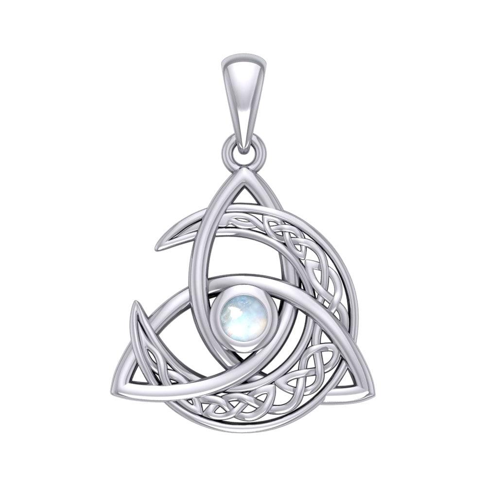 White Gold Crescent Moon Trinity Knot - Triskele Filigree Cabachon Pendant