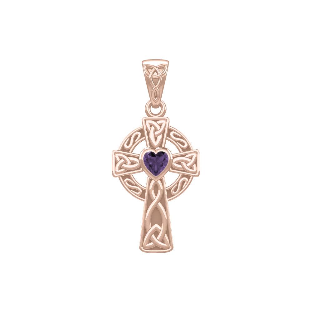 Rose Gold Celtic Cross with Heart-Shaped Gemstone