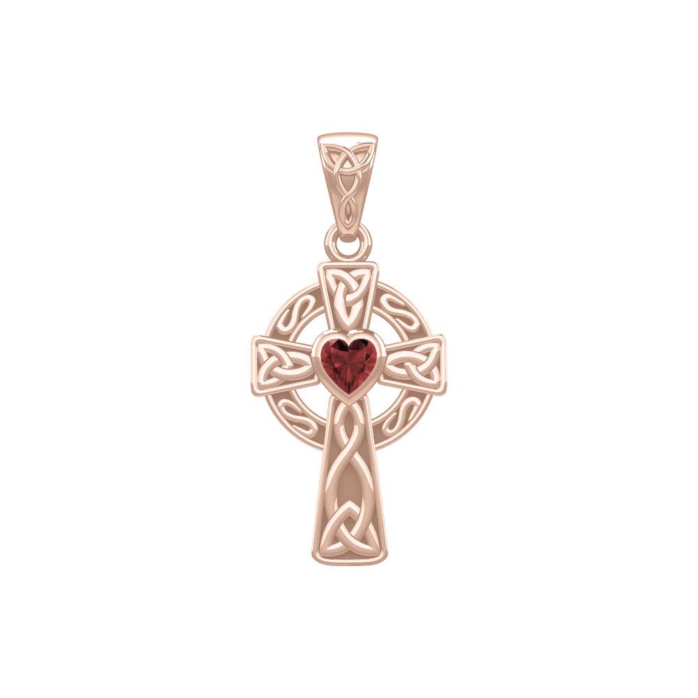 Rose Gold Celtic Cross with Heart-Shaped Gemstone