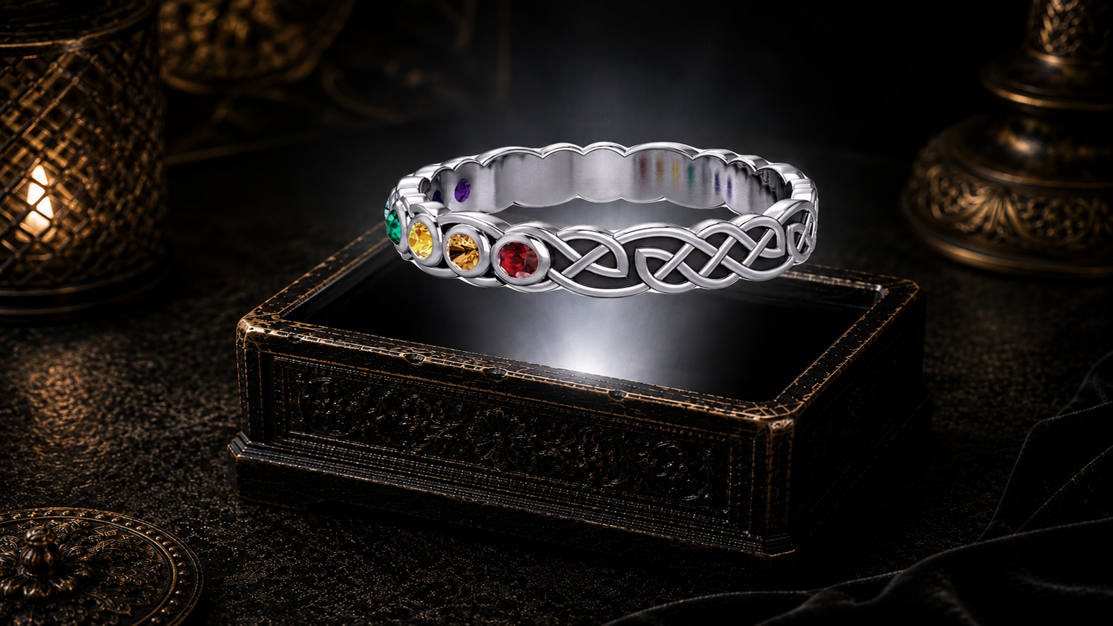 Sterling silver Celtic chakra band ring featuring seven colorful gemstones and intricate Celtic knotwork floating above an ornate jewelry box in a dark cinematic luxury setting illuminated by mystical light.