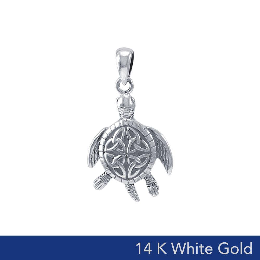 Sea Turtle Pendant - Turtle of Enduring Wisdom 14K Solid White Gold
