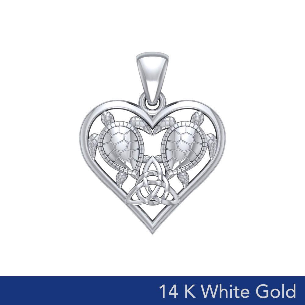 Twin Sea Turtle Heart – Celtic Triquetra Pendant - 14K White Gold