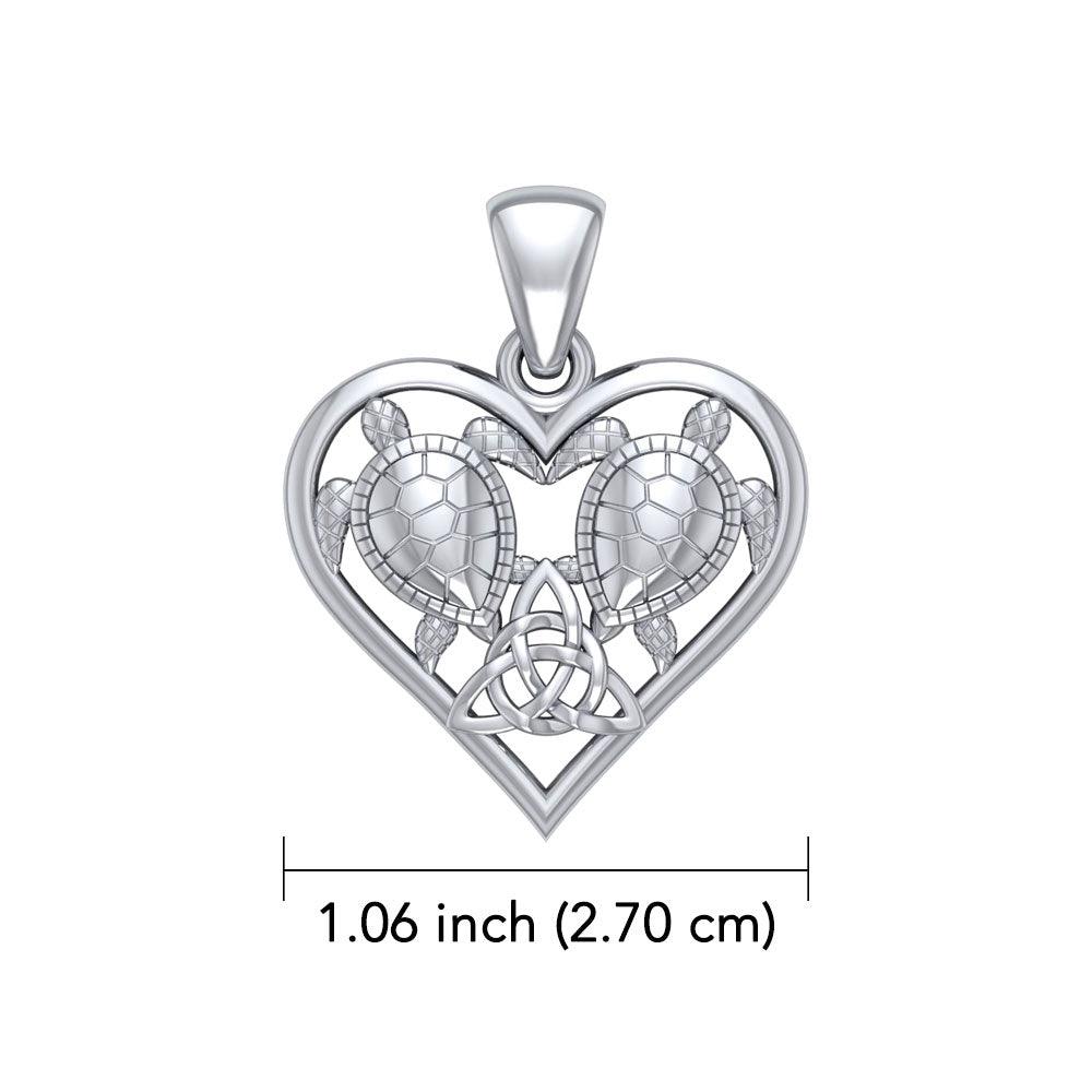 Twin Sea Turtle Heart – Celtic Triquetra Pendant - 14K White Gold